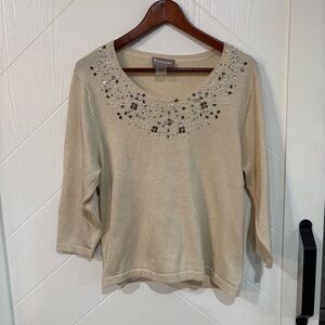 TanJay Beige Embellished Blouse Large Petite . holiday‎ , party. elegant .